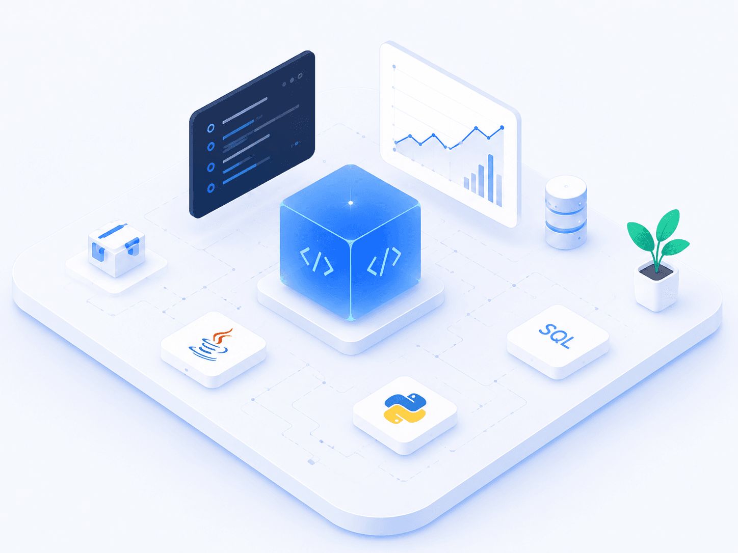 Кодовый куб, SQL-база, панели кода и аналитики, Java и Python
